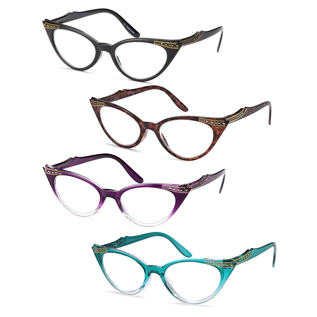 Gamma Ray Women's Reading Glasses - 4 Pairs Chic Cat Eye Ladies Fashion Readers
